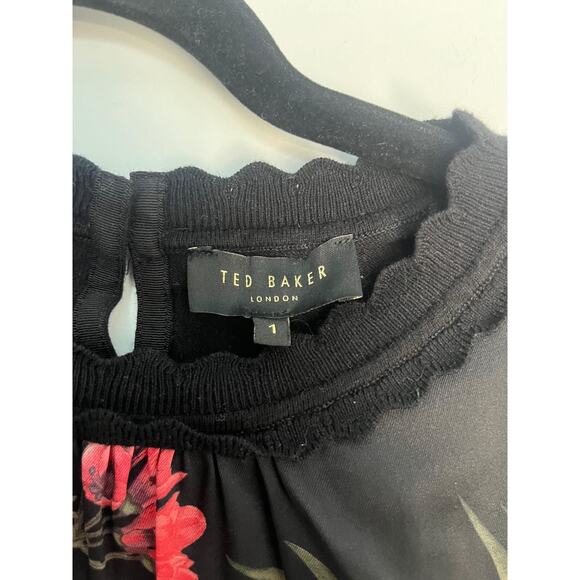 Ted Baker Floral Puff Sleeve Blouse Women Size 1 Black Red Tropical Top - Picture 3 of 7